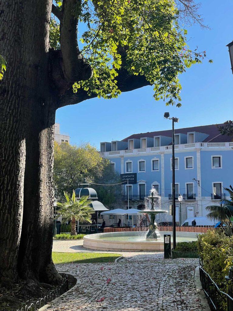 Een zonovergoten park in Lissabon met een grote boom, een geplaveid pad en een centrale fontein. Een blauw gebouw en terrasjes omgeven door groen maken van deze plek een must-dos in de stad.