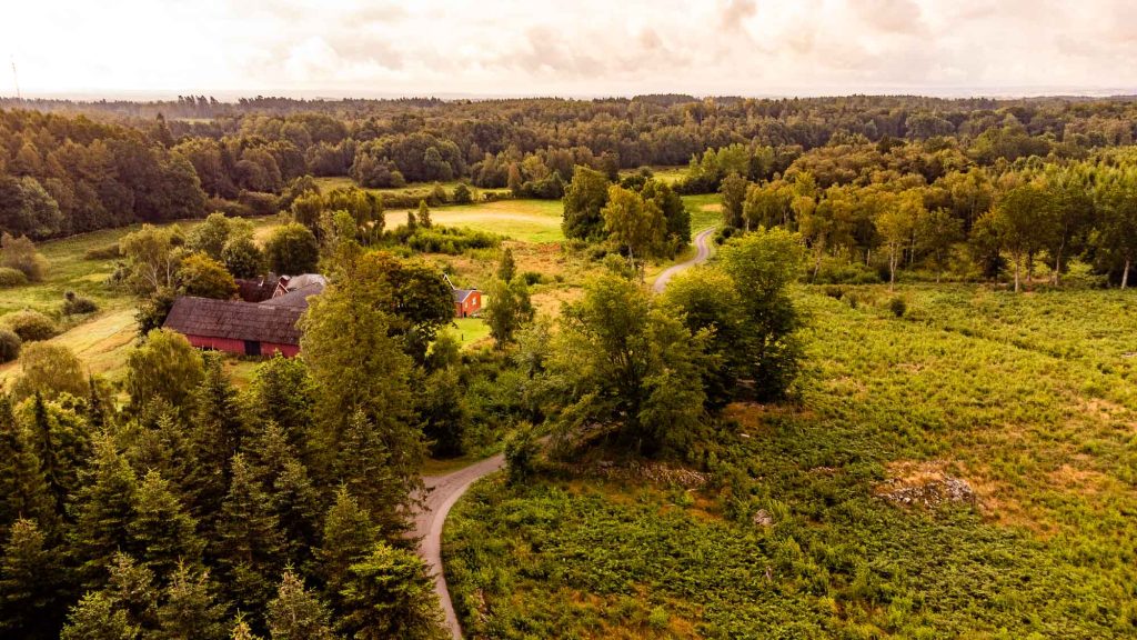 Een kronkelige weg slingert door weelderige groene velden en dichte bomen, langs een rode boerderij en schuur op het platteland van Zweden onder een bewolkte hemel.