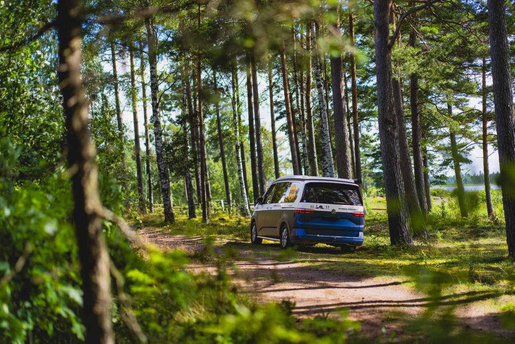 Een blauw-wit busje rijdt over een onverharde weg omringd door hoge pijnbomen en weelderig groen gebladerte in een zonovergoten Zweeds bos, perfect voor wie op zoek is naar naturisme en de vrijheid van blootje.