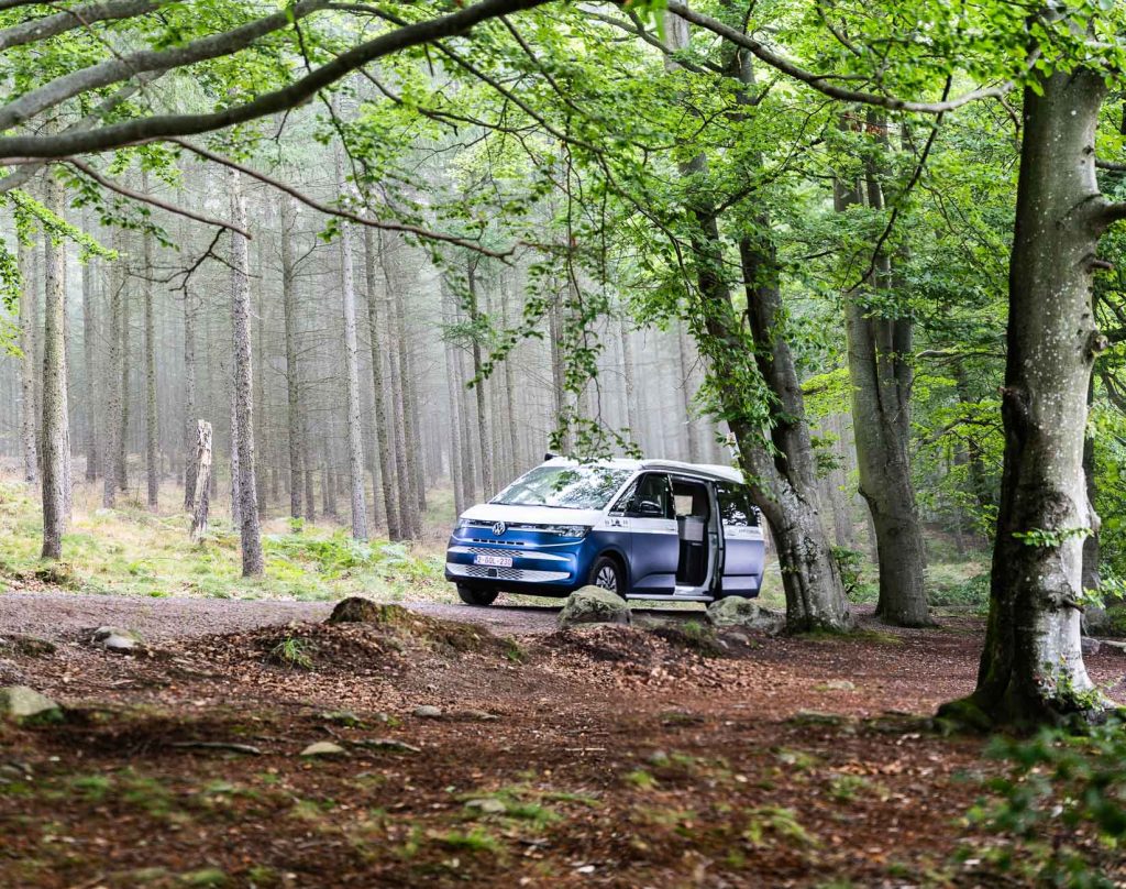 Een blauw-witte camper staat geparkeerd op een groene, bebladerde open plek in het bos in Zweden met de zijdeur open. Hoge bomen omringen de bus en het zonlicht filtert door de takken op de bosgrond.
