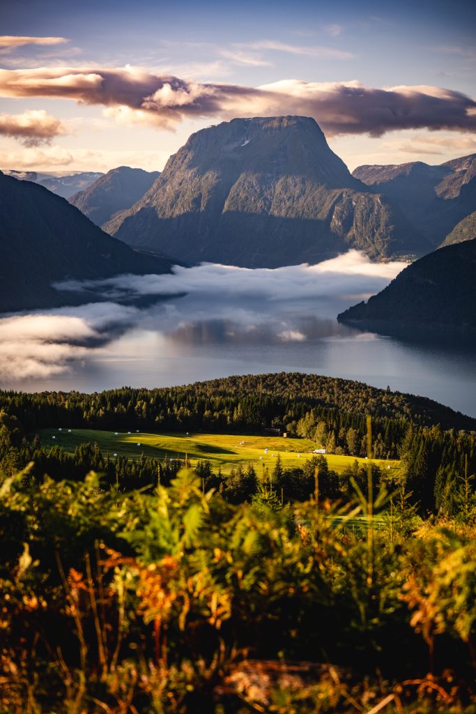 Een schilderachtig uitzicht op een bergmeer omringd door beboste heuvels, met mist die over het water drijft en zonlicht dat het groene landschap verlicht. In de verte roepen fjorden en een hoge berg de wilde schoonheid op die Noorwegen Nomads omarmt.