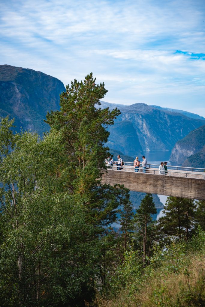 Mensen staan op een uitkijkplatform dat uitkijkt over fjorden en groene kliffen onder een gedeeltelijk bewolkte hemel en genieten van de natuurpracht van Noorwegen Nomads en de magie van de middernachtzon.