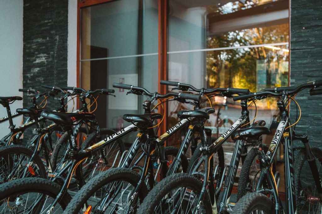 Verschillende zwarte mountainbikes met dikke banden staan dicht bij elkaar geparkeerd voor een gebouw met glazen ramen in Opole. Bomen en zonlicht worden weerspiegeld in de ramen en geven de geest van Opole reizen en buitenavonturen weer.