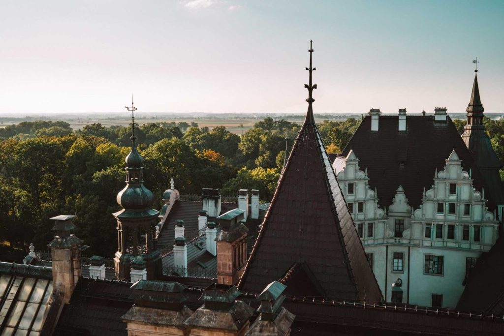Uitzicht op het dak van een historisch gebouw in Opole Reizen, met steile, donkerbruine zadeldaken en sierlijke torenspitsen, omringd door groene bomen en open velden onder een heldere hemel.