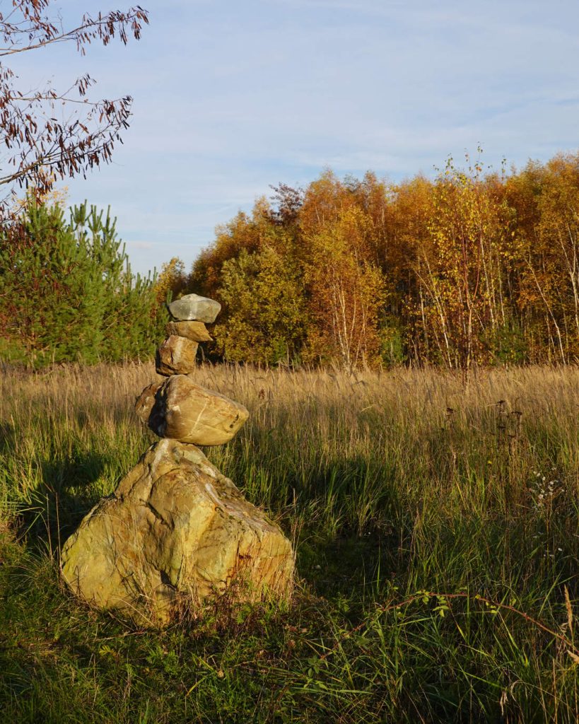 Een kleine toren van vier gestapelde rotsen staat in hoog gras, met herfstbomen en blauwe lucht op de achtergrond. Het tafereel is helder en vredig en weerspiegelt de Genkse gastvrijheid en de charme van een natuurlijke omgeving in de vroege herfst.