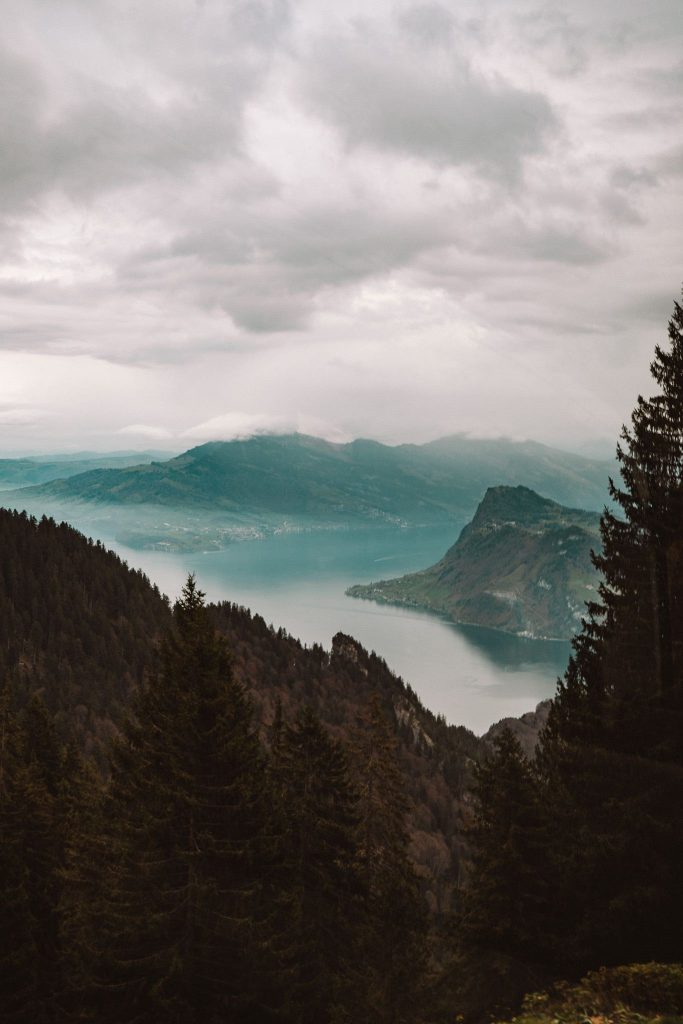 Een schilderachtig uitzicht op een meer omringd door beboste bergen onder een bewolkte hemel, met hoge altijd groene bomen op de voorgrond en mistige bergtoppen op de achtergrond - perfect voor een herfst citytrip in Zwitserland.