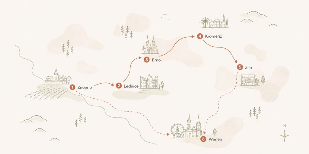Geïllustreerde kaart van een route van Znojmo naar Wien via Lednice, Brno, Kroměříž en Zlín in Tsjechië. Elke stad is gemarkeerd met een prikje en een schets van lokale oriëntatiepunten temidden van decoratieve bomen en wolken.