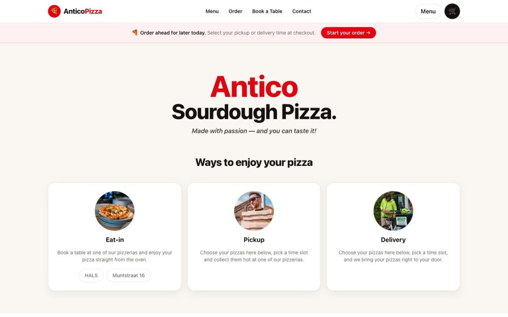 Website van Antico Pizza, zuurdesempizza in Leuven en Kessel-Lo