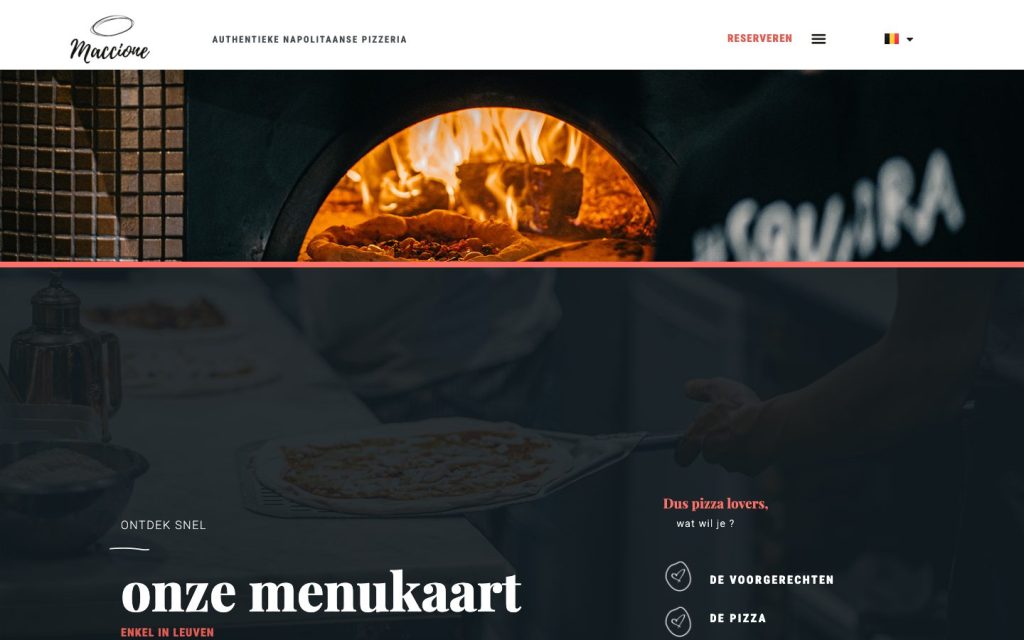 Website van Maccione, Napolitaanse pizzeria op het Hogeschoolplein in Leuven